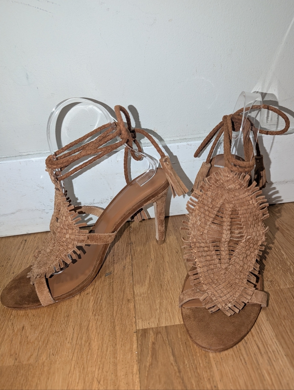 Joie Tan Suede Fringe Lace-Up Heeled Sandals